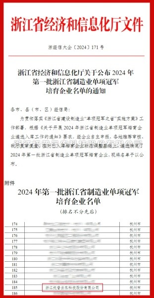 茄子视频免费观看入選2024年第一批浙江省製造業單項冠軍培育企業名單