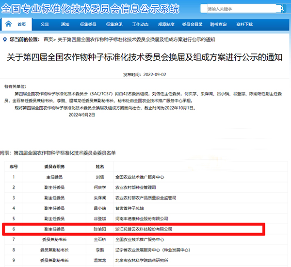 董事長陳渝陽入選全國農作物茄子污视频网站下载標準化技術委員會副主任委員